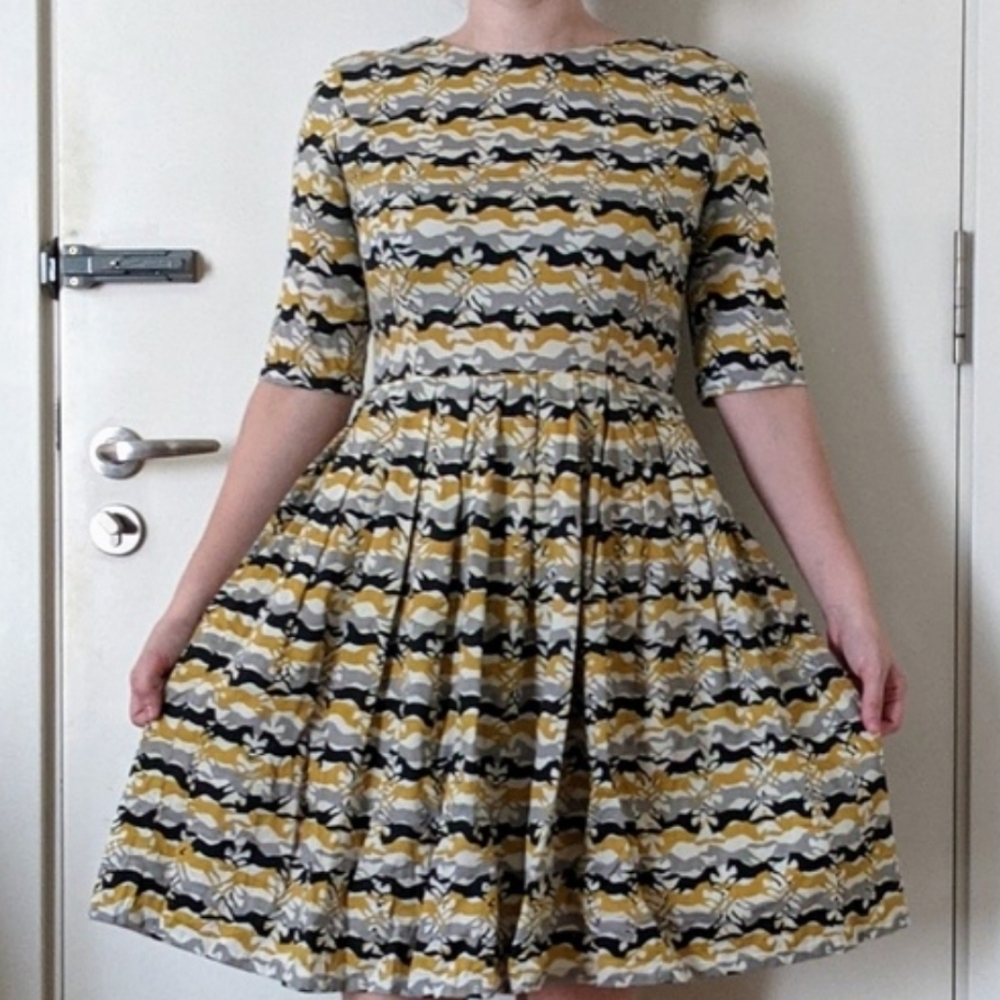 People Tree Organic Cotton Horse Print Pleated Midi Dress Size 12
